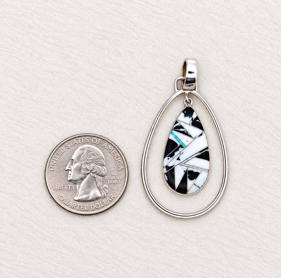 Sterling Silver White Buffalo Turquoise and Opal Double Pear Southwestern Pendant