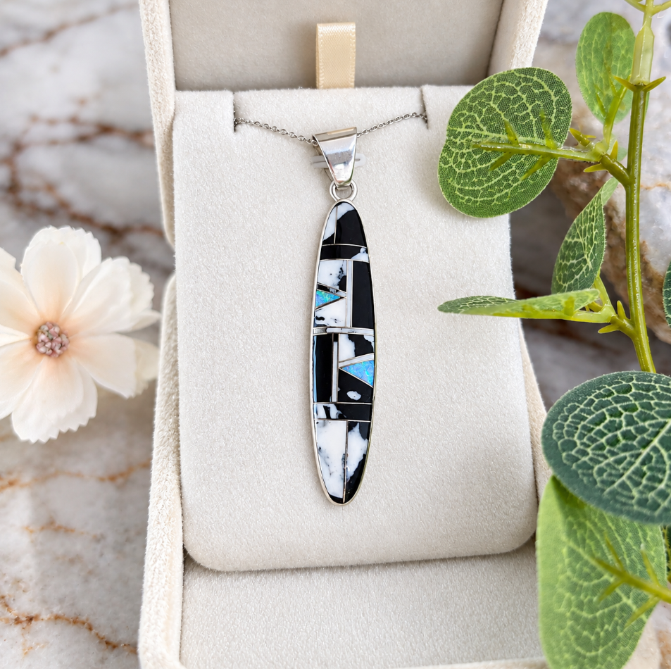 Sterling Silver White Buffalo Turquoise and Opal Elongated Oval Pendant