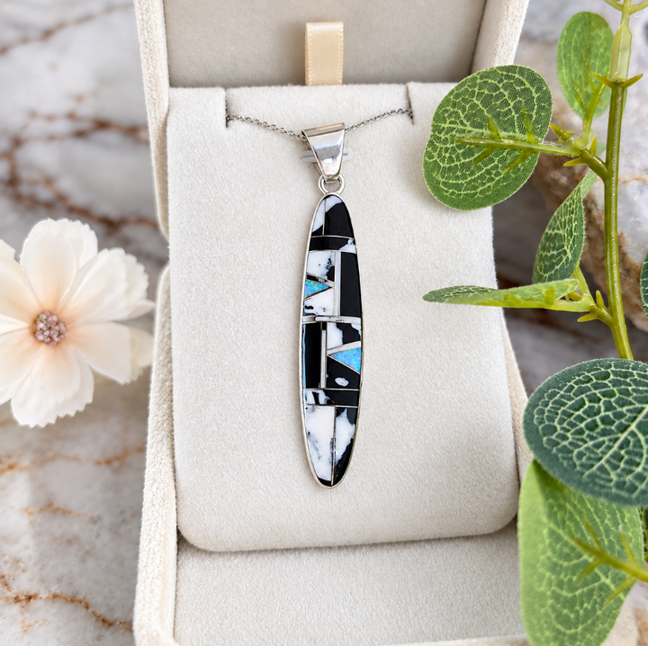 Sterling Silver White Buffalo Turquoise and Opal Elongated Oval Pendant