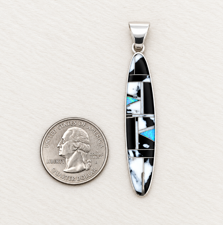 Sterling Silver White Buffalo Turquoise and Opal Elongated Oval Pendant
