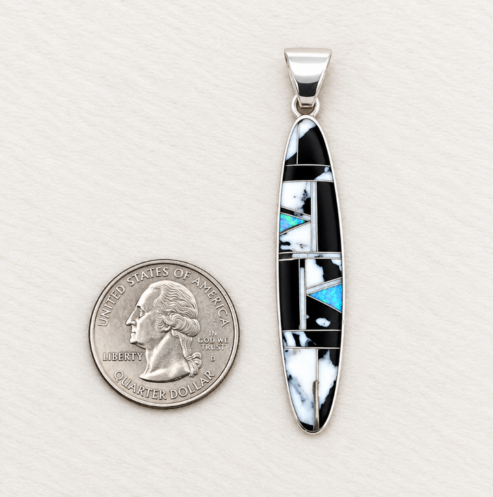 Sterling Silver White Buffalo Turquoise and Opal Elongated Oval Pendant