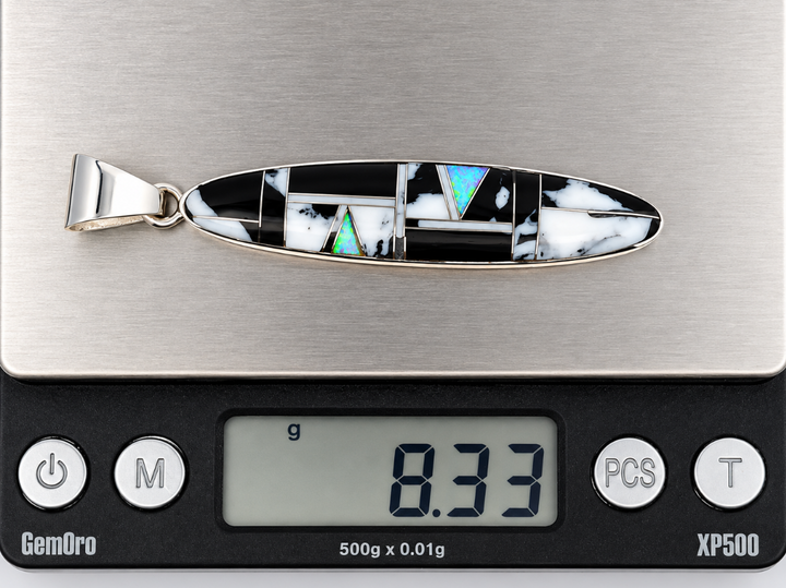 Sterling Silver White Buffalo Turquoise and Opal Elongated Oval Pendant