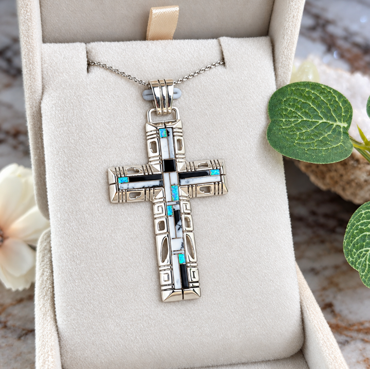 Sterling Silver White Buffalo and Opal Inlaid Cross Pendant