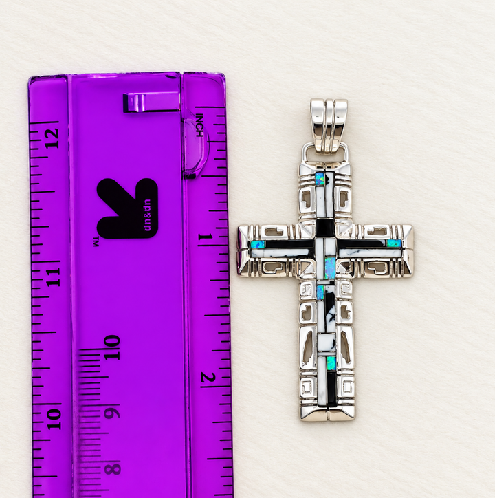 Sterling Silver White Buffalo and Opal Inlaid Cross Pendant