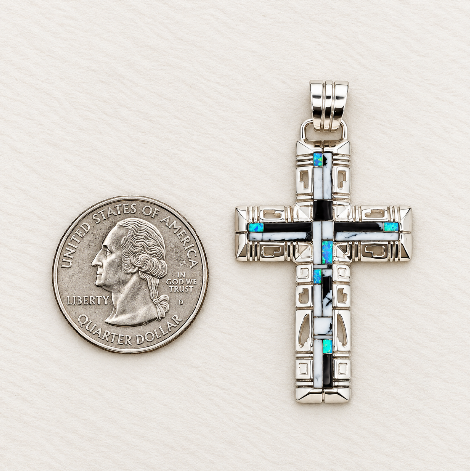 Sterling Silver White Buffalo and Opal Inlaid Cross Pendant