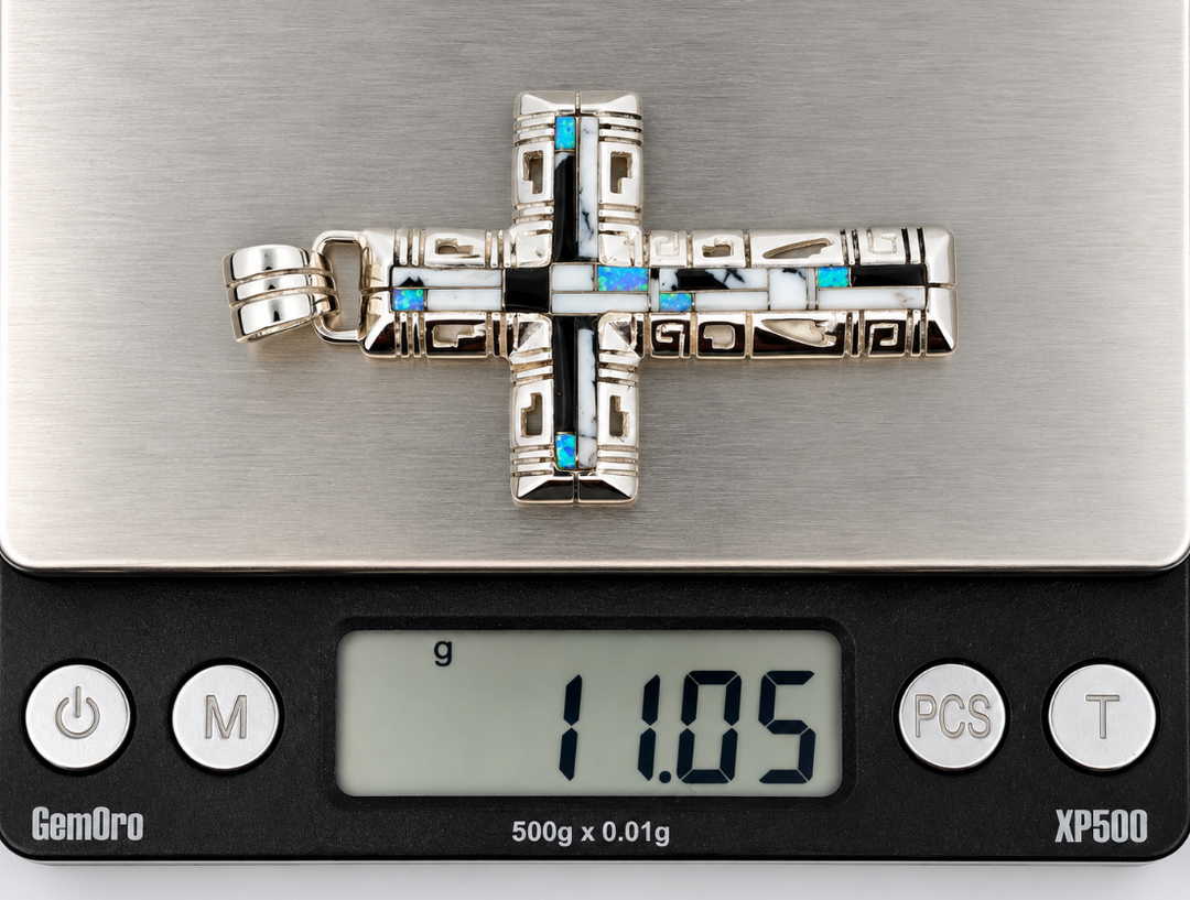 Sterling Silver White Buffalo and Opal Inlaid Cross Pendant