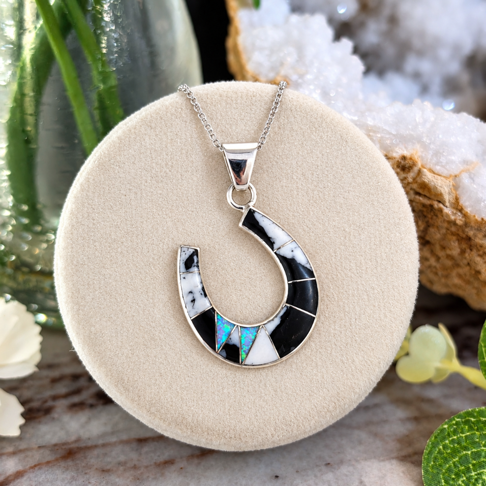 Sterling Silver White Buffalo Turquoise and Opal Horseshoe Pendant