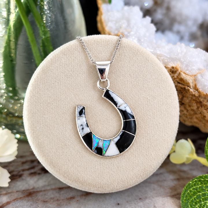 Sterling Silver White Buffalo Turquoise and Opal Horseshoe Pendant