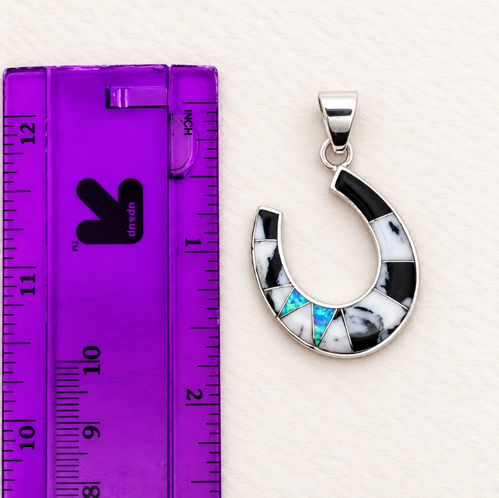 Sterling Silver White Buffalo Turquoise and Opal Horseshoe Pendant