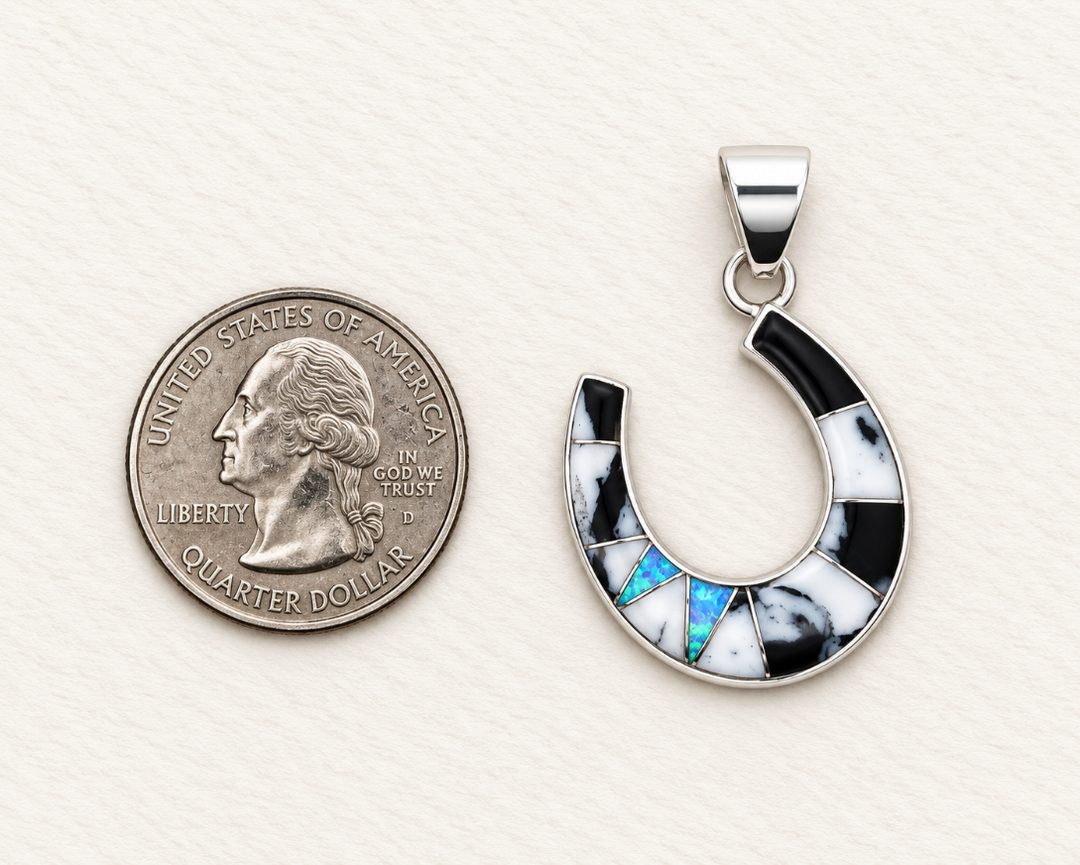 Sterling Silver White Buffalo Turquoise and Opal Horseshoe Pendant
