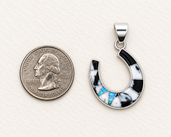 Sterling Silver White Buffalo Turquoise and Opal Horseshoe Pendant