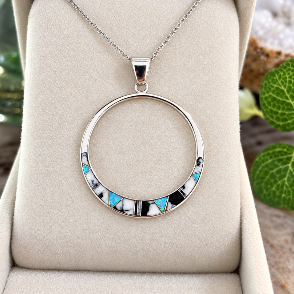 Sterling Silver White Buffalo Turquoise and Opal Inlaid Open Circle Pendant