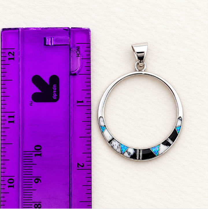 Sterling Silver White Buffalo Turquoise and Opal Inlaid Open Circle Pendant
