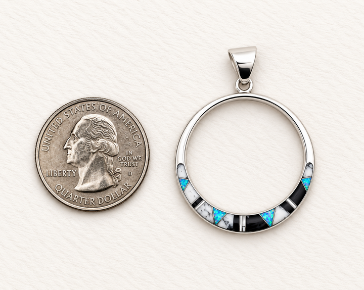 Sterling Silver White Buffalo Turquoise and Opal Inlaid Open Circle Pendant