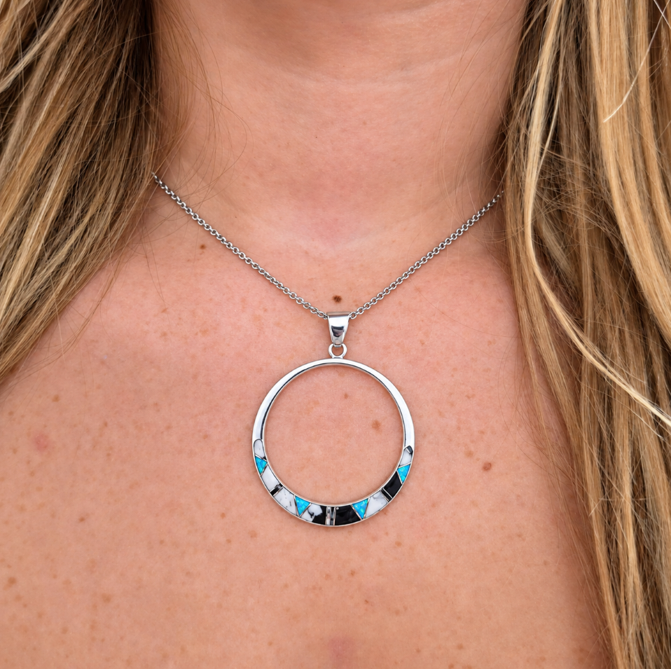 Sterling Silver White Buffalo Turquoise and Opal Inlaid Open Circle Pendant