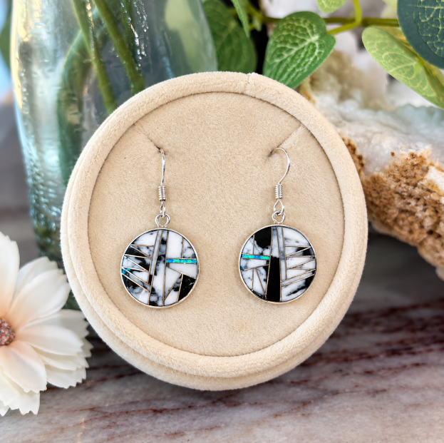 Sterling Silver White Buffalo Turquoise and Opal Inlaid Round Dangle Earrings