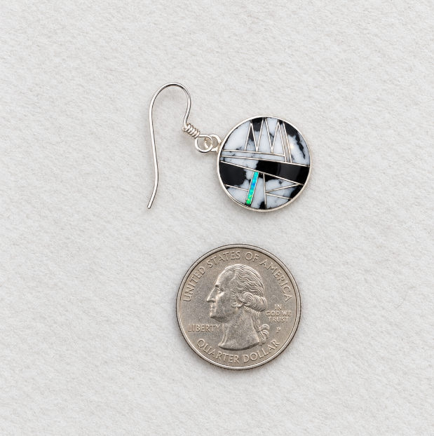 Sterling Silver White Buffalo Turquoise and Opal Inlaid Round Dangle Earrings