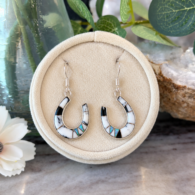 Sterling Silver White Buffalo Turquoise and Opal Horseshoe Dangle Earrings