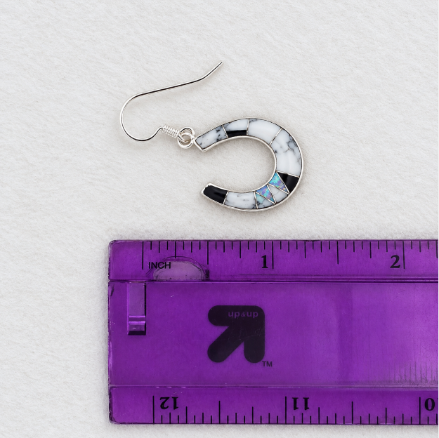 Sterling Silver White Buffalo Turquoise and Opal Horseshoe Dangle Earrings