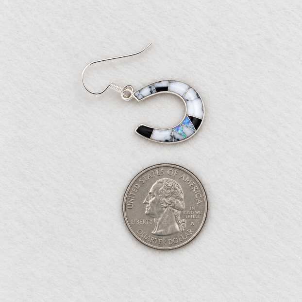 Sterling Silver White Buffalo Turquoise and Opal Horseshoe Dangle Earrings