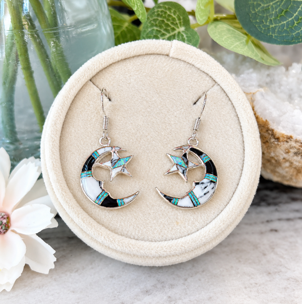 Sterling Silver White Buffalo Turquoise and Opal Inlaid Moon and Star Dangle Earrings