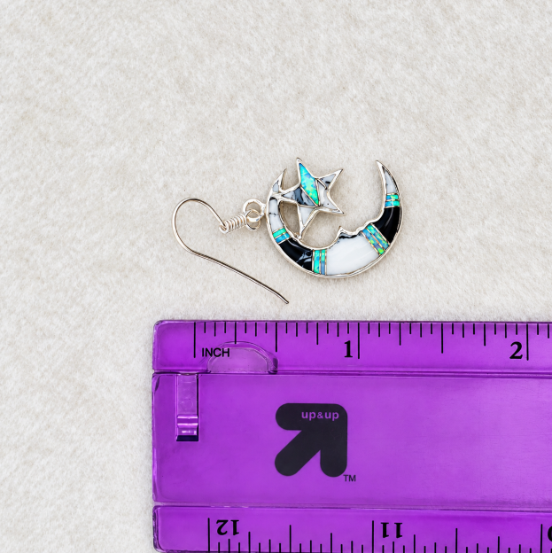 Sterling Silver White Buffalo Turquoise and Opal Inlaid Moon and Star Dangle Earrings