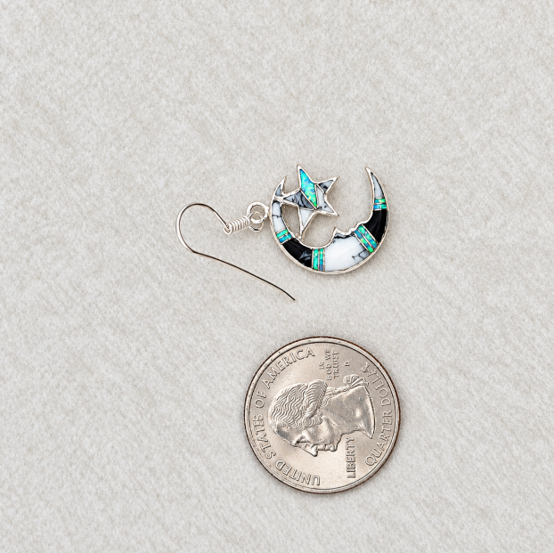 Sterling Silver White Buffalo Turquoise and Opal Inlaid Moon and Star Dangle Earrings