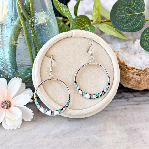 Sterling Silver White Buffalo and Opal Inlaid Open Circle Dangle Earrings