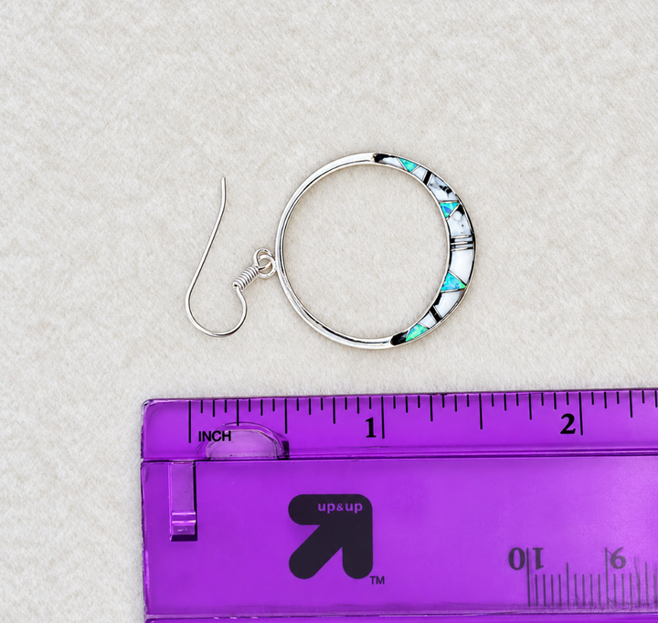 Sterling Silver White Buffalo and Opal Inlaid Open Circle Dangle Earrings