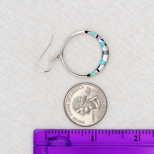 Sterling Silver White Buffalo and Opal Inlaid Open Circle Dangle Earrings