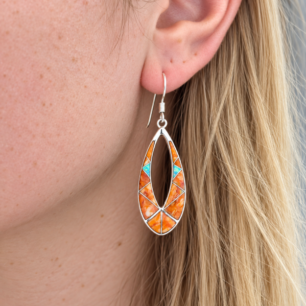 Sterling Silver Orange Spiny Oyster and Opal Inlaid Southwestern Dangle Earrings