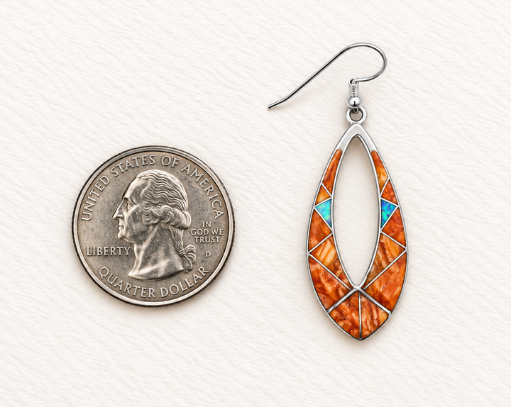 Sterling Silver Orange Spiny Oyster and Opal Inlaid Southwestern Dangle Earrings