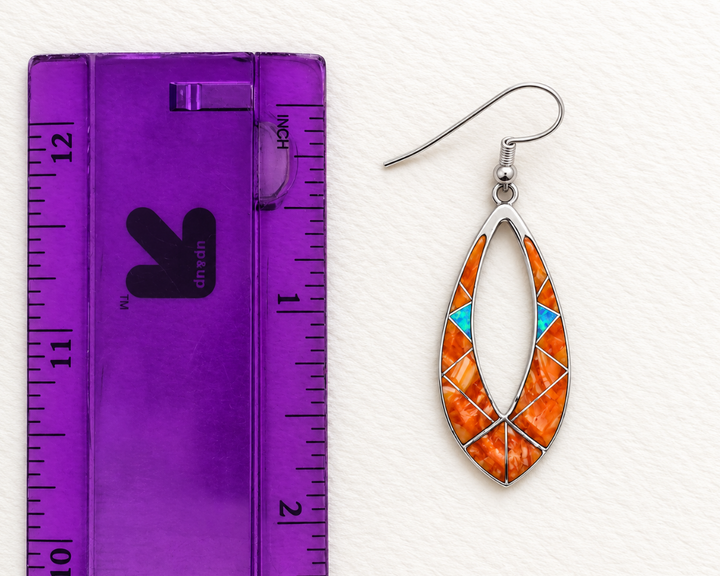Sterling Silver Orange Spiny Oyster and Opal Inlaid Southwestern Dangle Earrings