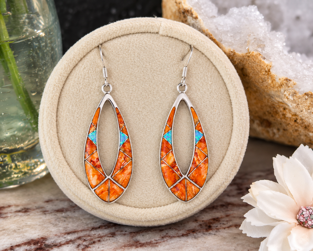 Sterling Silver Orange Spiny Oyster and Opal Inlaid Southwestern Dangle Earrings