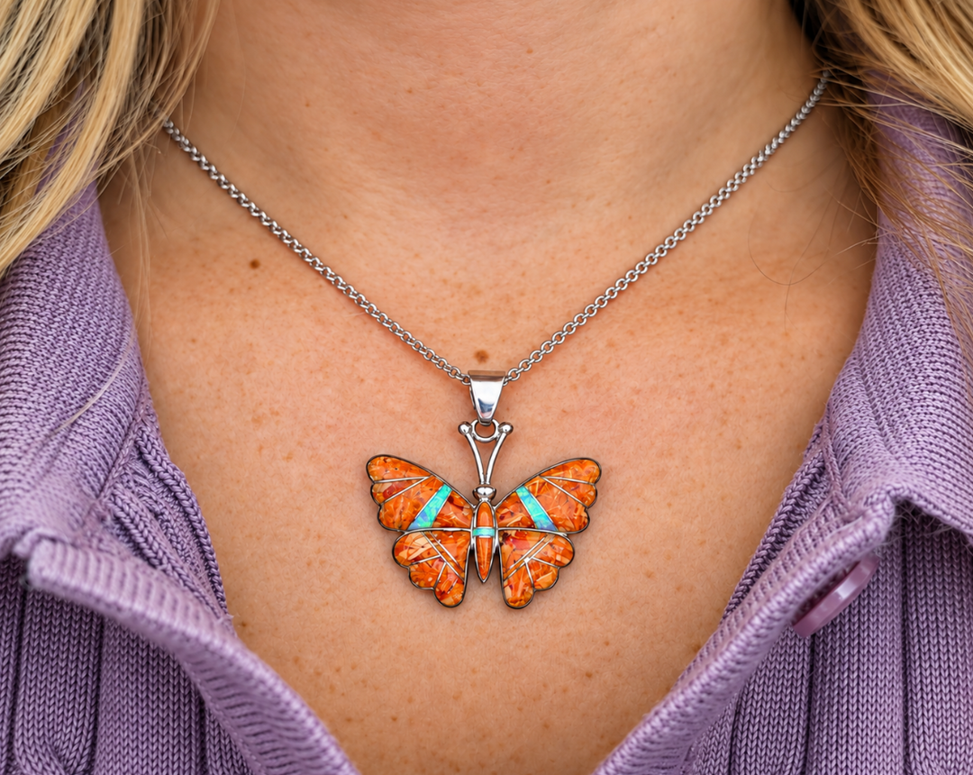 Sterling Silver Orange Spiny Oyster and Opal Inlaid Butterfly Pendant