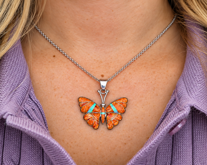 Sterling Silver Orange Spiny Oyster and Opal Inlaid Butterfly Pendant