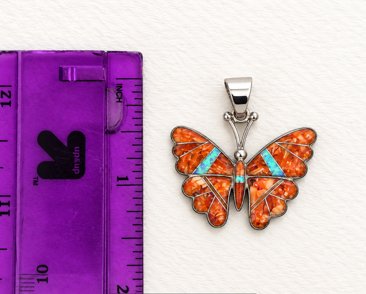 Sterling Silver Orange Spiny Oyster and Opal Inlaid Butterfly Pendant