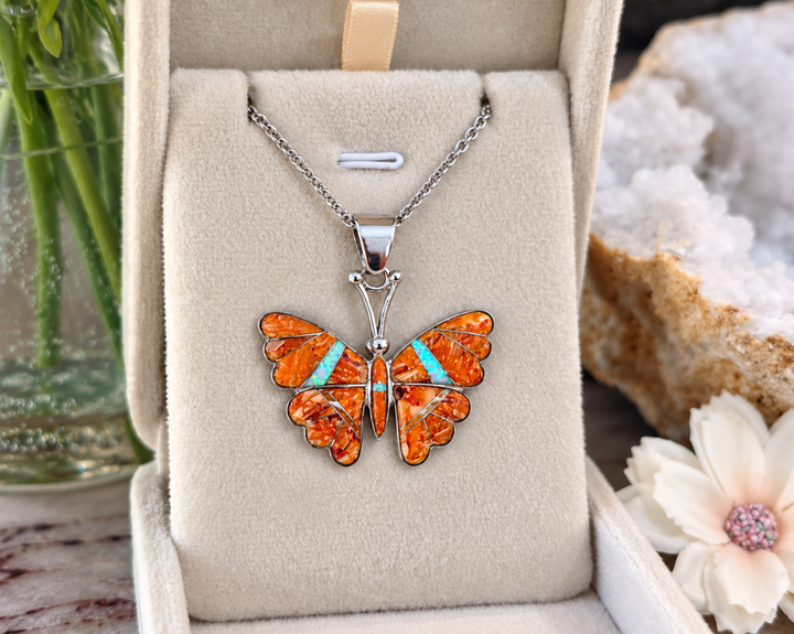 Sterling Silver Orange Spiny Oyster and Opal Inlaid Butterfly Pendant