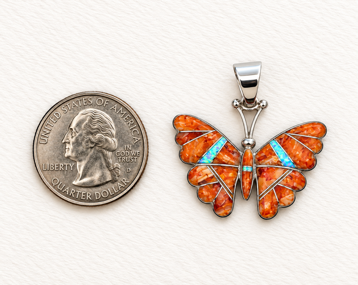 Sterling Silver Orange Spiny Oyster and Opal Inlaid Butterfly Pendant