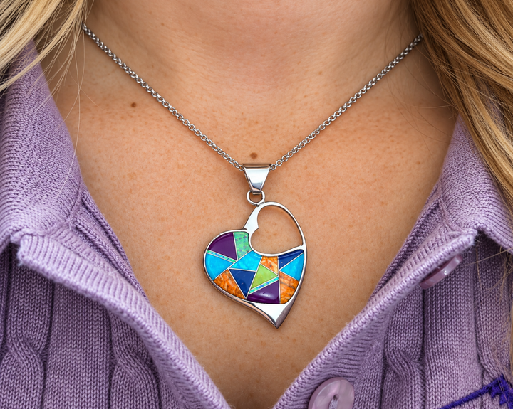 Sterling Silver Arizona Turquoise and Multicolored Stone Inlaid Heart Pendant
