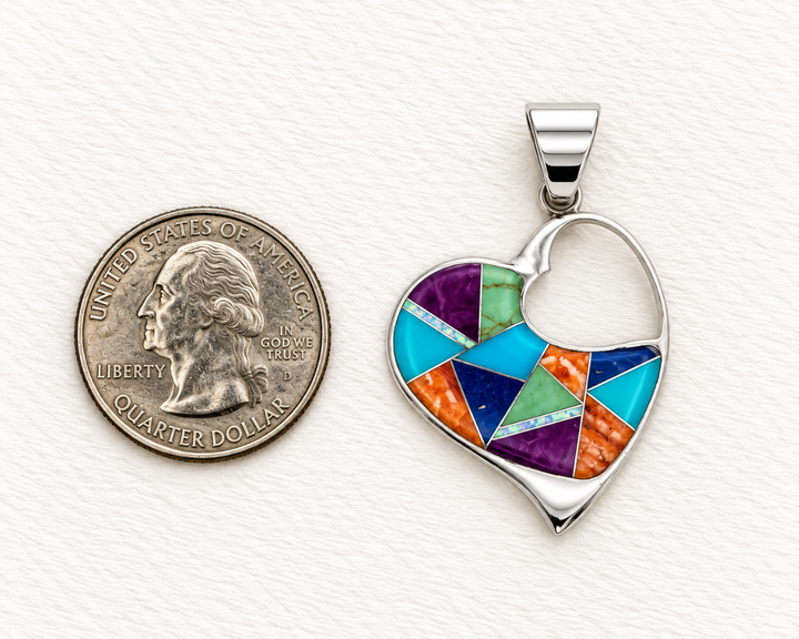 Sterling Silver Arizona Turquoise and Multicolored Stone Inlaid Heart Pendant