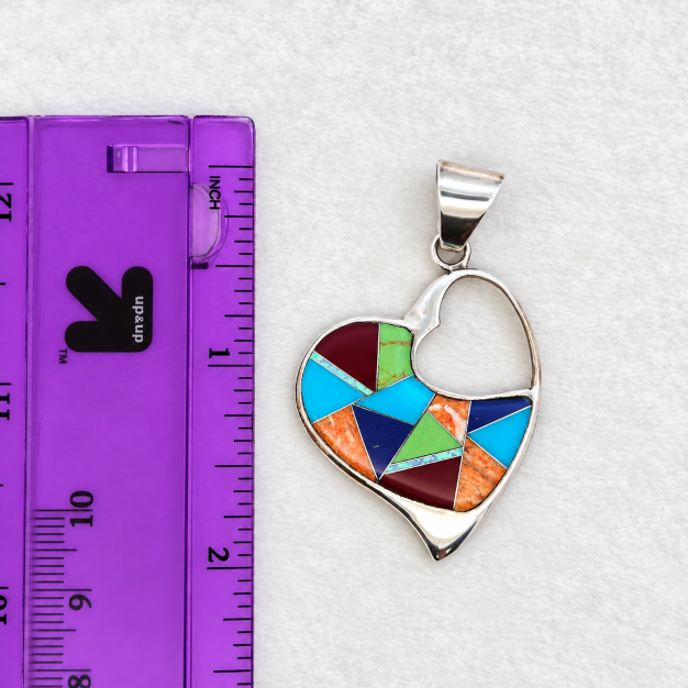 Sterling Silver Arizona Turquoise and Multicolored Stone Inlaid Heart Pendant