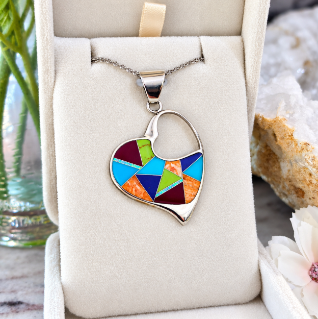 Sterling Silver Arizona Turquoise and Multicolored Stone Inlaid Heart Pendant
