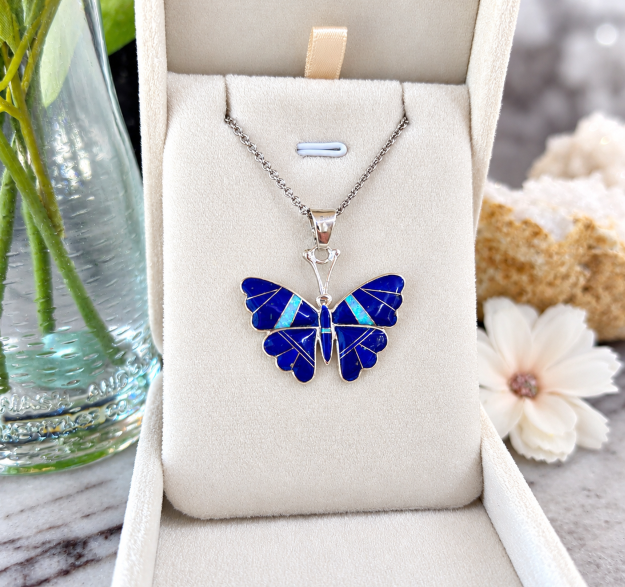 Sterling Silver Arizona Lapis and Opal Inlaid Butterfly Pendant