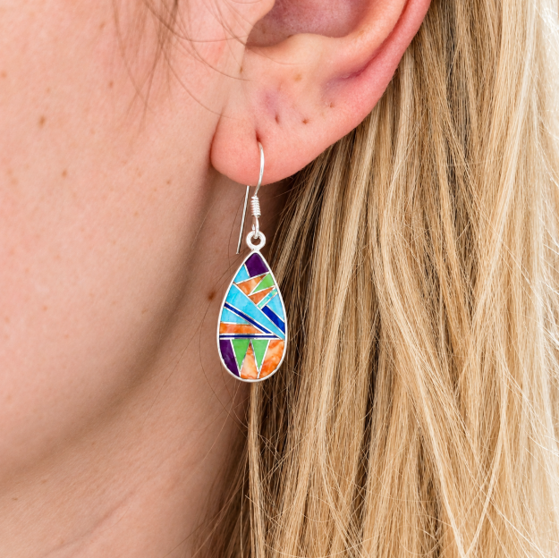 Sterling Silver Arizona Turquoise and Multicolored Stone Teardrop Dangle Earrings