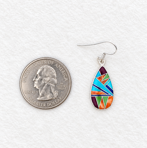 Sterling Silver Arizona Turquoise and Multicolored Stone Teardrop Dangle Earrings