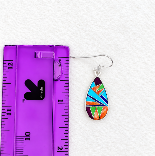 Sterling Silver Arizona Turquoise and Multicolored Stone Teardrop Dangle Earrings