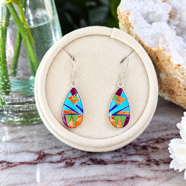 Sterling Silver Arizona Turquoise and Multicolored Stone Teardrop Dangle Earrings