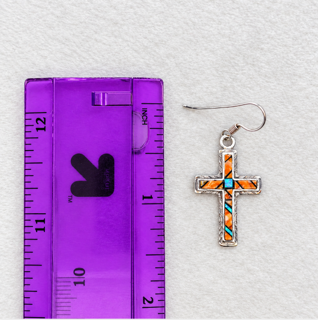 Sterling Silver Orange Spiney Oyster and Opal Inlaid Cross Dangle Earrings