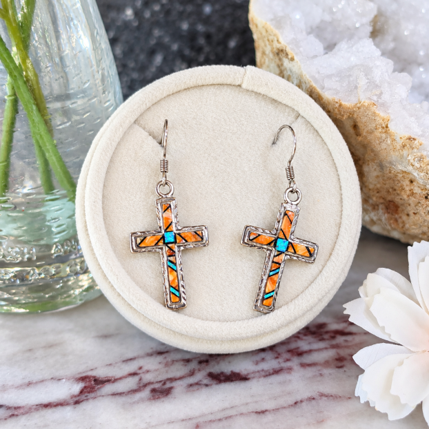 Sterling Silver Orange Spiney Oyster and Opal Inlaid Cross Dangle Earrings